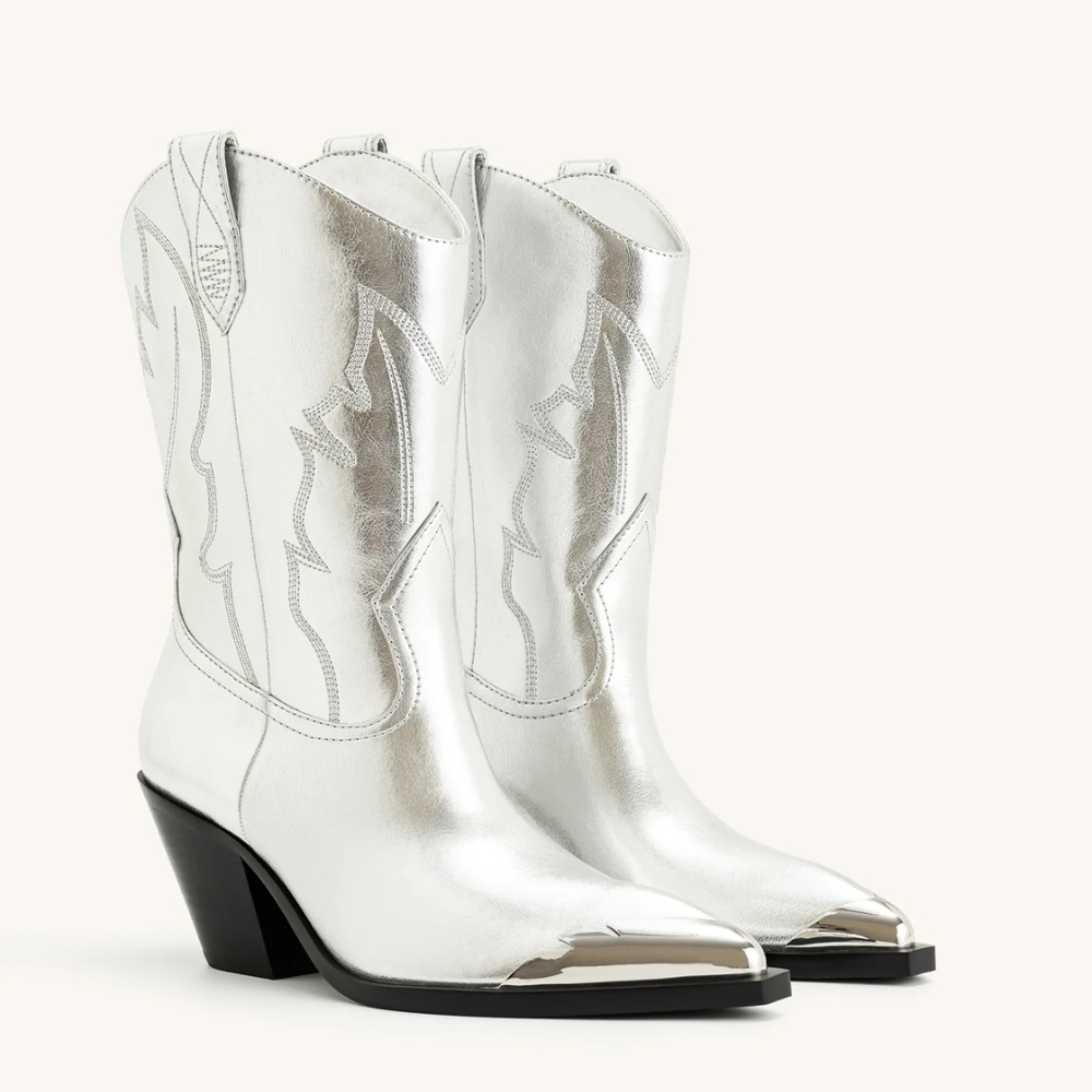 JW PEI Riya Metallic Cowboy/Cowgirl Boots Silver Mirrored Toe